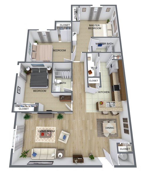 a 3d floor plan of a house with a wooden floor